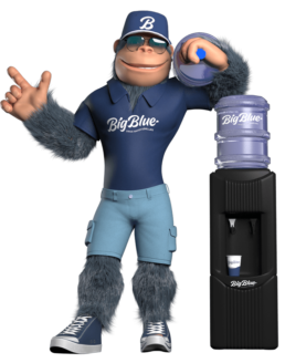 Hydro, the Big Blue gorilla mascot executing water delivery of water coolers for Big Blue clients.